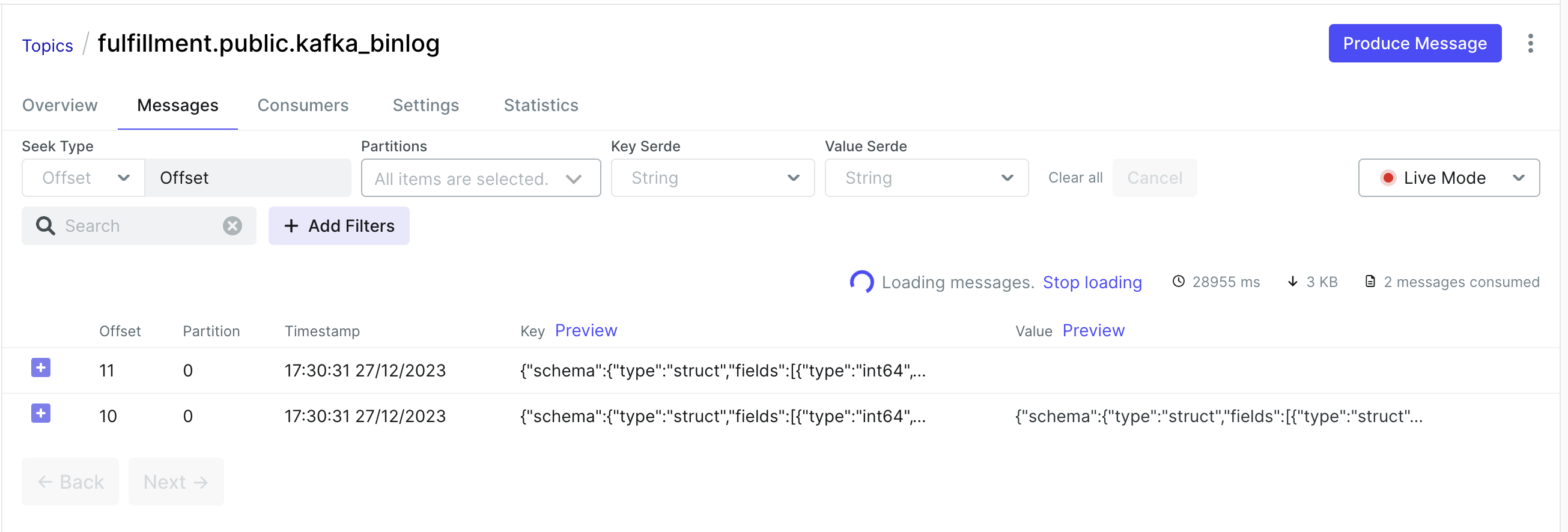 Kafka nhận 2 message mới